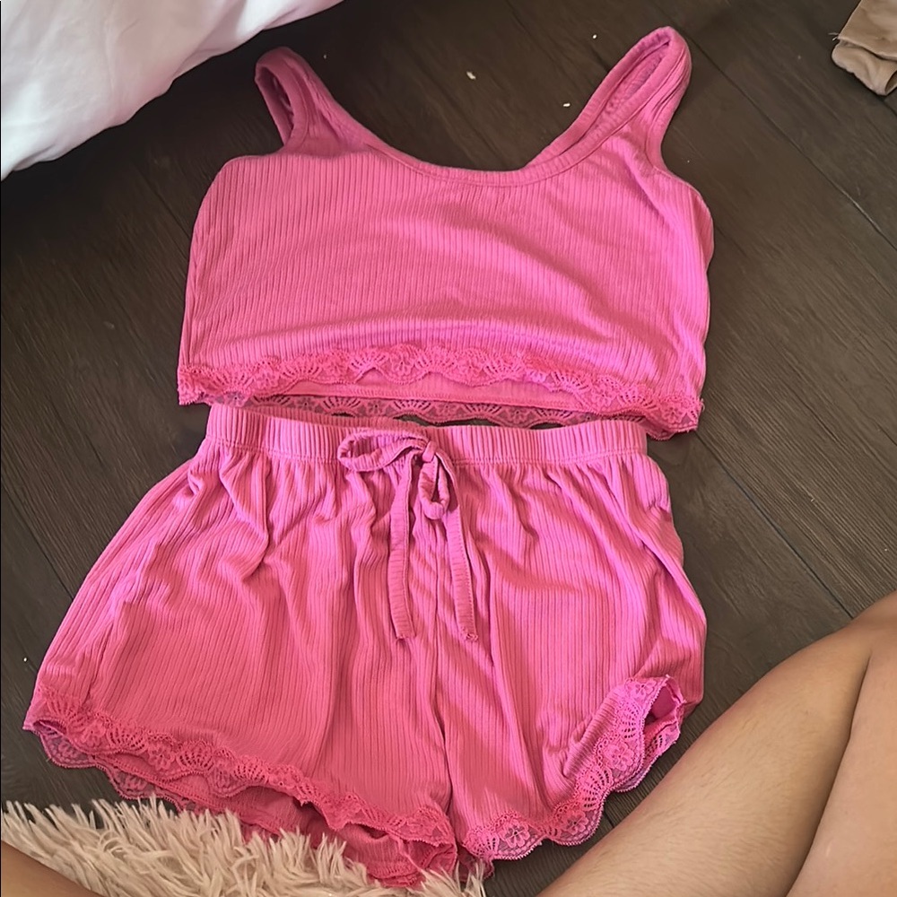 Pink Lace Trim Sleepwear Set